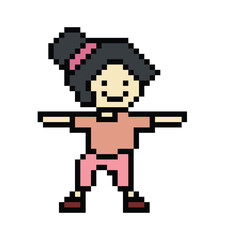 Obraz premium Cute pixel cartoon 8bit character woman exercises training dance lifestyle music decoration life style 8 bit female girl dance with music game fitness isolated PNG vector.