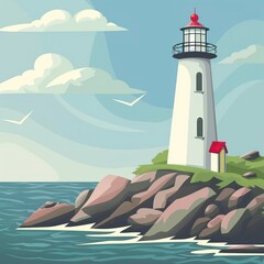 The lighthouse on the coast features a white tower, casting a guiding light over the blue ocean and sandy beach, essential for safe navigation.