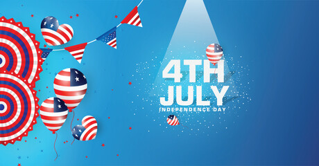 Obraz premium 4th July social media background post design. 4th July USA flyer background design with flag, star, and paper fan, on white background. Independence Day banner design