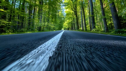 Fototapeta premium A highway road in the forest, with trees on both sides of it and green leaves, white lines along each side. The background is a blue sky, speed blur effect.
