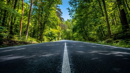 Obraz premium A highway road in the forest, with trees on both sides of it and green leaves, white lines along each side. The background is a blue sky, speed blur effect.