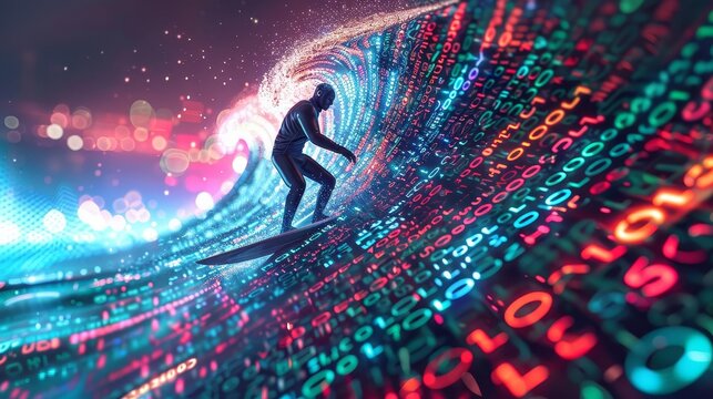 Businessman surfing a wave of binary code, digital realm, highenergy, neon colors, cyberpunk