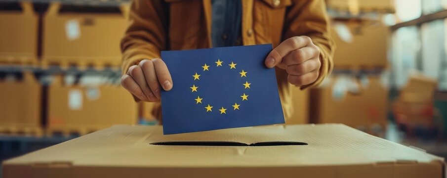 European Union flag in hand, young voter, ballot boxes in background, democratic voting theme
