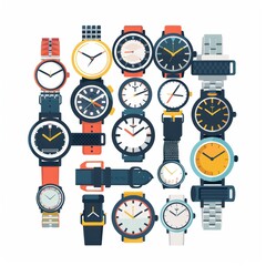 Time Management Concept - Group of Watches Vector Icon Illustration for Website Design on White Background