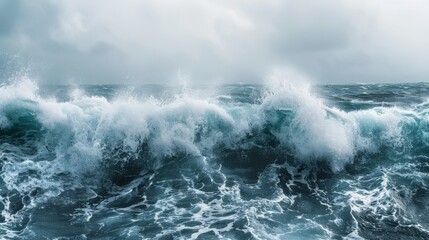 Naklejka premium A stormy ocean with a large wave crashing against the shore