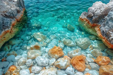 Crystal clear sea water gently laps the sandy beach, revealing a vibrant underwater reef and picturesque island, perfect for a serene summer getaway. - Powered by Adobe