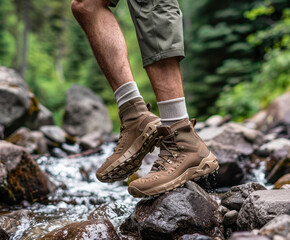 Picture of hiking boots for different terrain situations. AI generative.
