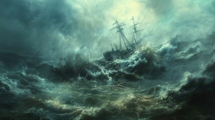 Fototapeta premium A large ship is sailing through rough waters with storm clouds in the background