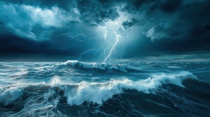A stormy ocean with a lightning bolt in the sky