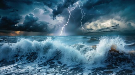 Obraz premium A stormy ocean with a lightning bolt in the sky