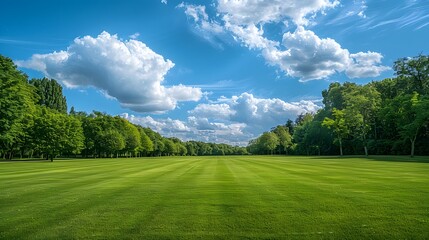 A large grassy field with trees on the edges, a blue sky and white clouds in the background, a wide green space, a wide angle lens showing a green meadow, a park landscape.