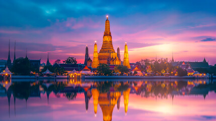 Obraz premium Wat Arun Ratchawararam Ratchawaramahawihan (Wat Arun) in Bangkok, Thailand during dusk. The temple is illuminated with warm, golden lights, highlighting its intricate architecture. 