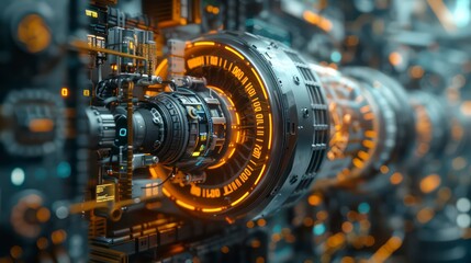 Obraz premium Data science visualization featuring a futuristic engine with blue, teal, and yellow colors on a white background, rendered in a 3D design for modern tech concepts.