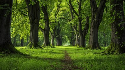 Fototapeta premium A quiet forest with a clear path leading to the horizon, representing clarity and direction.