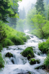 Flowing streams in the mountains. AI generative.