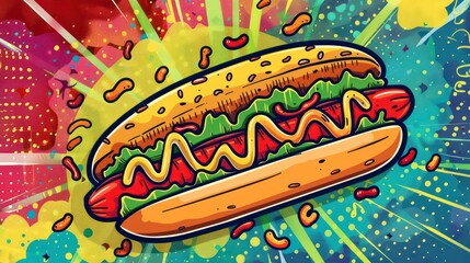 hot dog with bold colors and playful design, showcasing the classic combination of sausage, bun, and toppings in a fun, artistic way