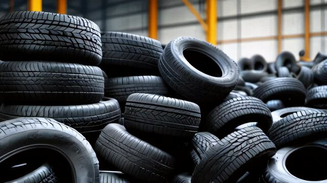 Piles of car tires in factory storage area. Concept Industrial Waste Management, Recycling Practices, Synthetic Rubber Production