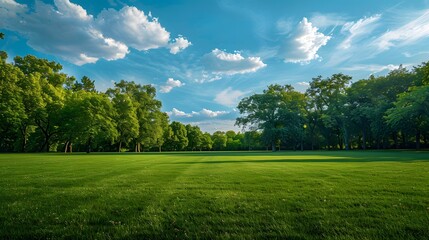 A large grassy field with trees on the edges, a blue sky and white clouds in the background, a wide green space, a wide angle lens showing a green meadow, a park landscape.