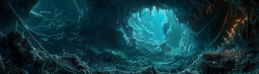 Fototapeta premium Explorer fallen into a trap, ropes and spikes, dim cave lighting, tense atmosphere, detailed illustration
