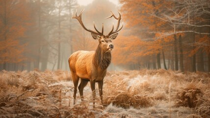 Majestic Red Deer Buck Standing in an Autumnal Forest with Fog