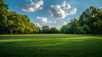 Fototapeta premium A large grassy field with trees on the edges, a blue sky and white clouds in the background, a wide green space, a wide angle lens showing a green meadow, a park landscape.