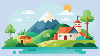 Fototapeta premium 2D Cartoon Village Nature Background Vector Illustration.