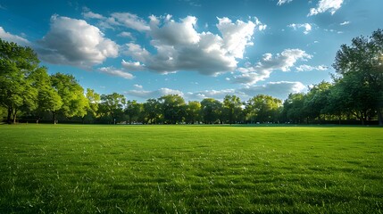 Fototapeta premium A large grassy field with trees on the edges, a blue sky and white clouds in the background, a wide green space, a wide angle lens showing a green meadow, a park landscape.