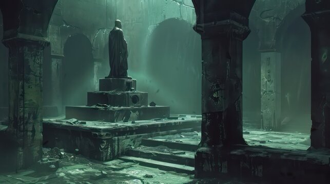A dusty statue plinth in a futuristic dungeon, surrounded by high-tech ruins, creates a mysterious atmosphere of abandonment and ancient technology.