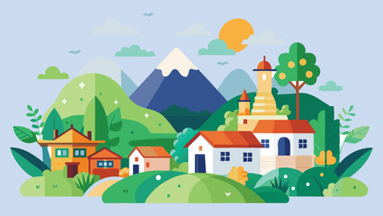 Naklejka premium 2D Cartoon Village Nature Background Vector Illustration.