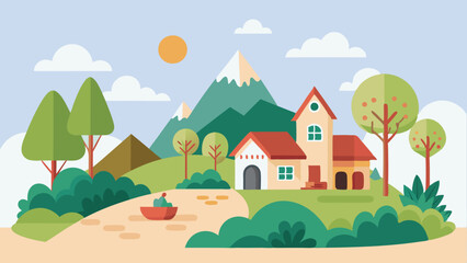 2D Cartoon Village Nature Background Vector Illustration.