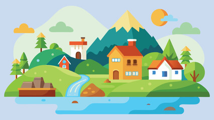 2D Cartoon Village Nature Background Vector Illustration.