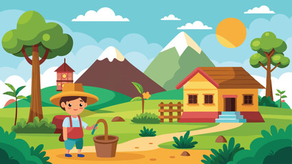 Naklejka premium 2D Cartoon Village Nature Background Vector Illustration.