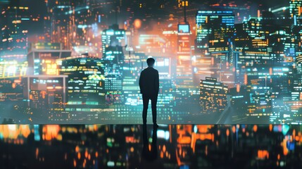 A digital businessman uses a computer to navigate the internet, showcasing modern technology and networking in a dynamic business environment.