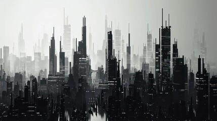 A sleek futuristic cityscape depicted in black silhouette, showcasing thin strokes of urban buildings and skyline, creating a modern and dynamic illustration.