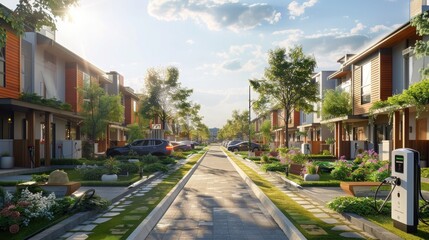 Obraz premium A residential neighborhood with green alleys, electric vehicle charging points, and community gardens in every block.