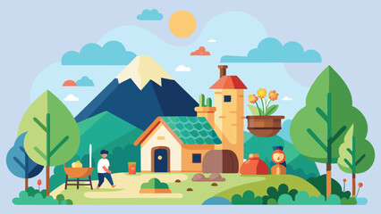 2D Cartoon Village Nature Background Vector Illustration.