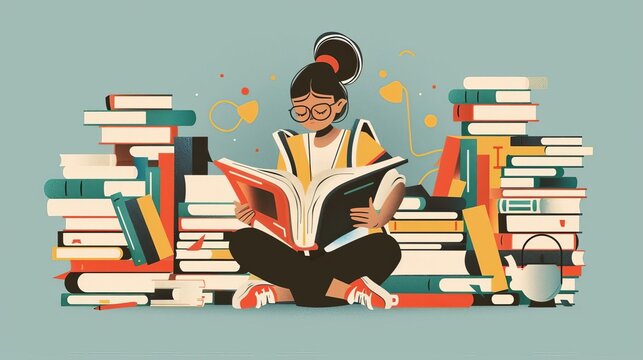 Illustration of a woman reading a book while surrounded by stacks of books, emphasizing learning, education, and knowledge.