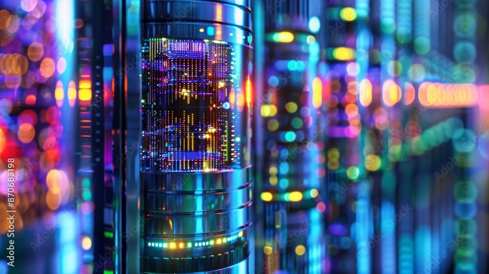 Poster Close-up shot of illuminated quantum computer server racks in a data center