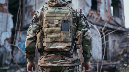 Fototapeta premium Soldier with tactical backpack in abandoned building, military concept