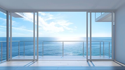 Sleek glass balcony doors open to reveal a breathtaking ocean vista, 3D rendering illustration showcasing isolated clear glass doors within a crisp white wall.
