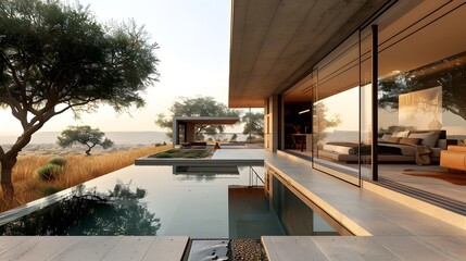 Obraz premium A minimalist modernist house in the middle of the African savannah, with concrete and glass walls overlooking an empty landscape with trees and water features.