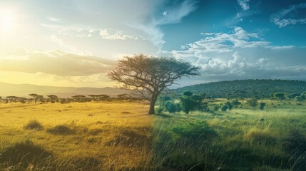 Obraz premium A split view of the landscape reveals a world half lush and green, and another half scorching hot.