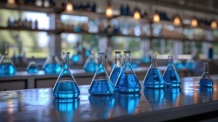 Chemistry laboratory science. Liquid research with chemical equipment. Experiment tests, scientific biotechnology discovery. Blue flasks and beakers in analysis.