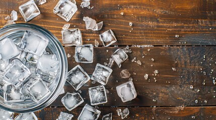 Ice cubes scattered on a bar table, offering a cool, refreshing look with their clear, frozen texture, perfect for chilling beverages.