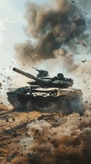 Fototapeta premium Battle tank amidst explosion in desert landscape, action and warfare concept