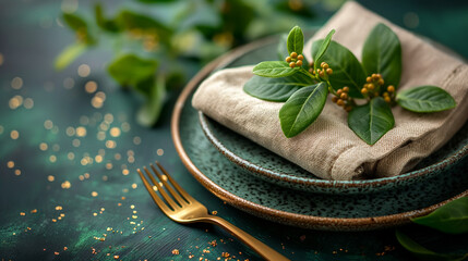 Beautiful elegant table setting with green stylish dishware and silver cutlery. Summertime floral table setting with bright flowers with copysace