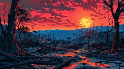 vibrant colors to depict a world ravaged by wildfires or drought