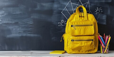 Yellow Backpack with School Supplies Against a Blackboard Background for Back to School Concept, Generative AI
