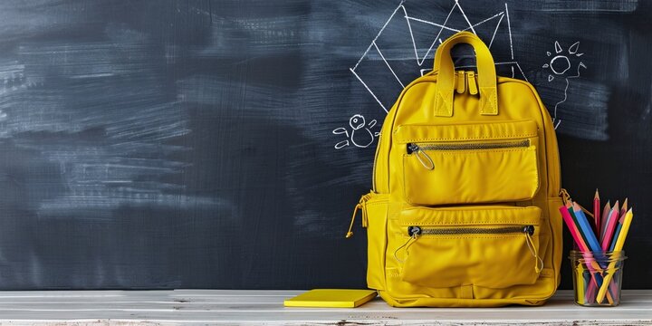 Yellow Backpack with School Supplies Against a Blackboard Background for Back to School Concept, Generative AI
