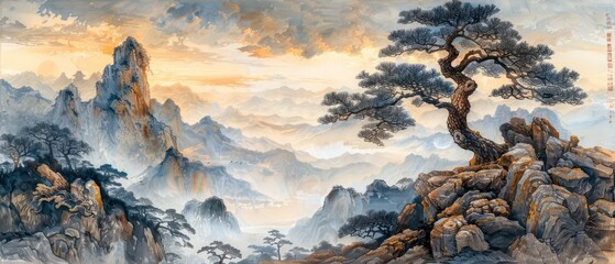 A traditional Japanese ink wash painting depicting a snow-covered mountain and drifting clouds, set against a tranquil sky, illustrating nature's serene landscape.